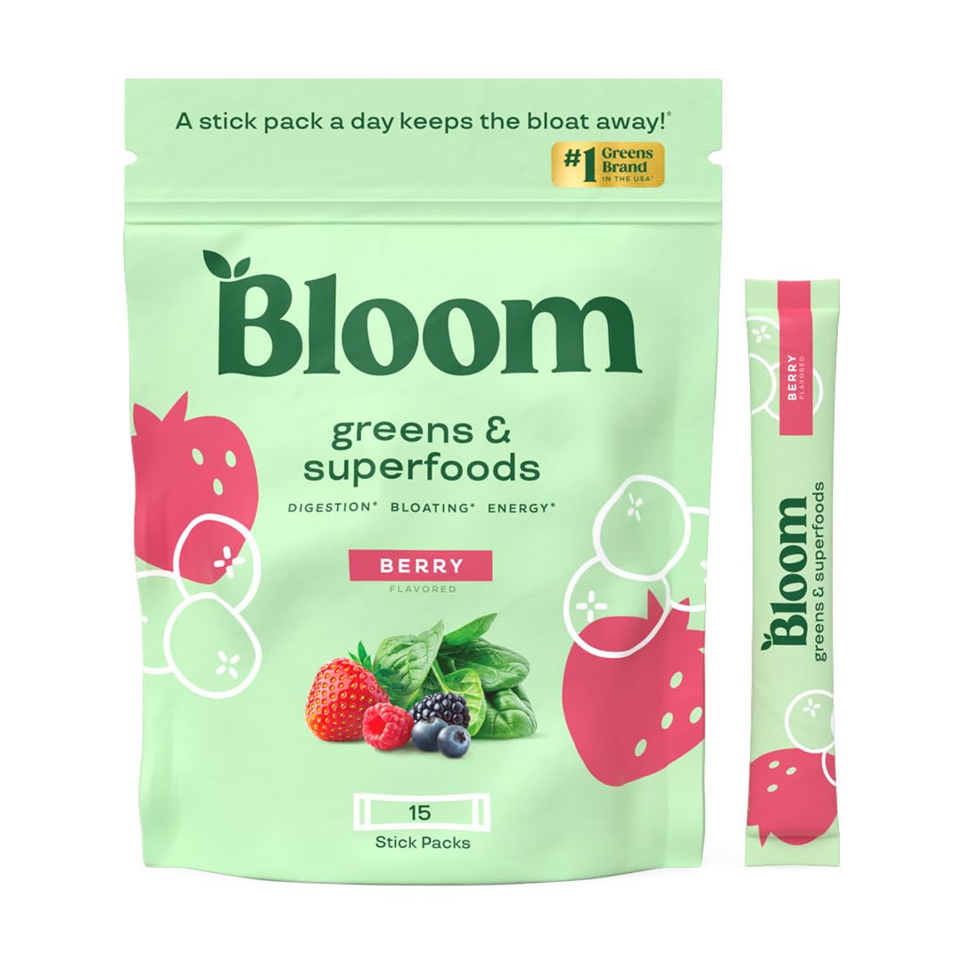 Bloom Nutrition pack frontal con sticks, conveniencia para consumir superfoods