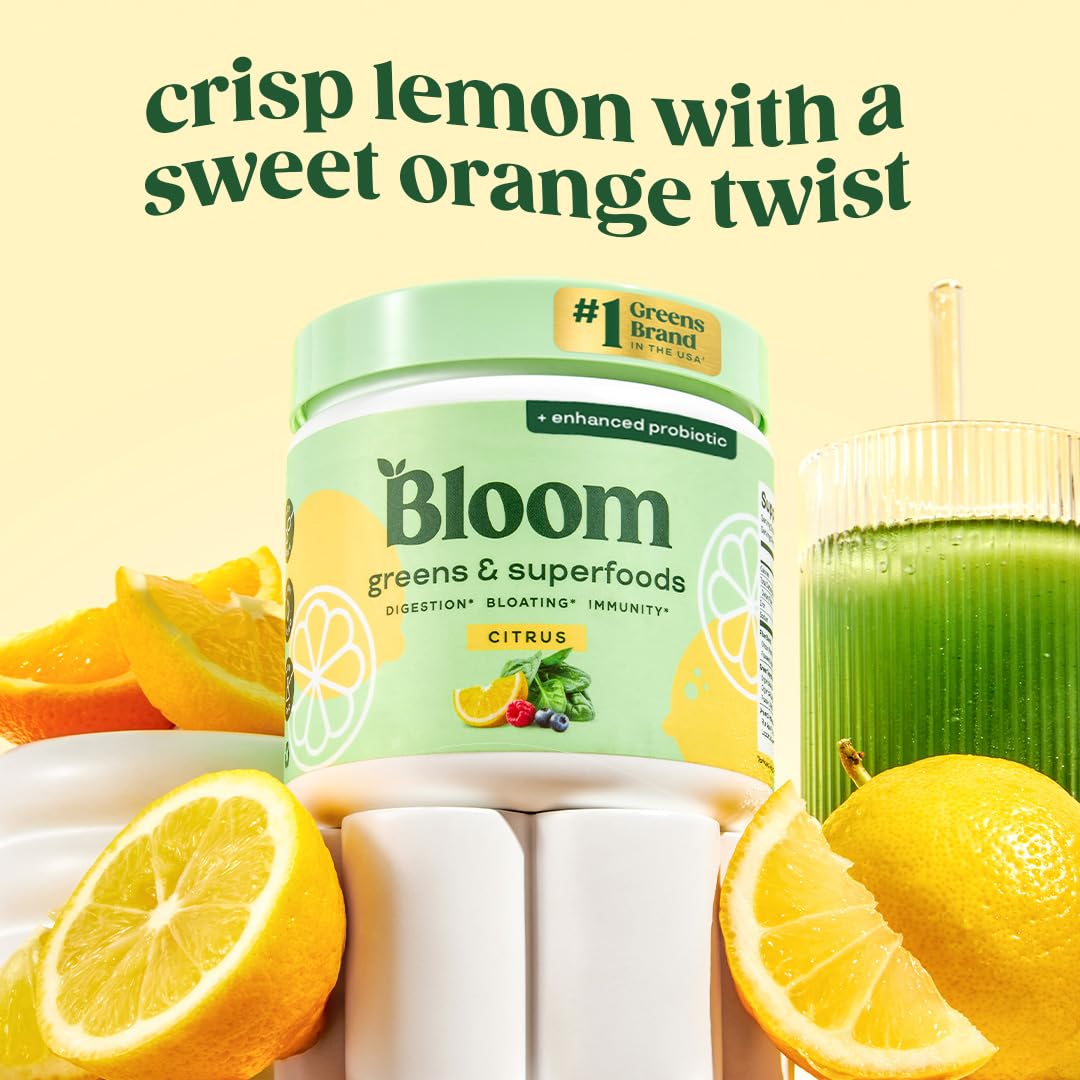 Bloom Nutrition polvo verde textura cercana que refleja frescura