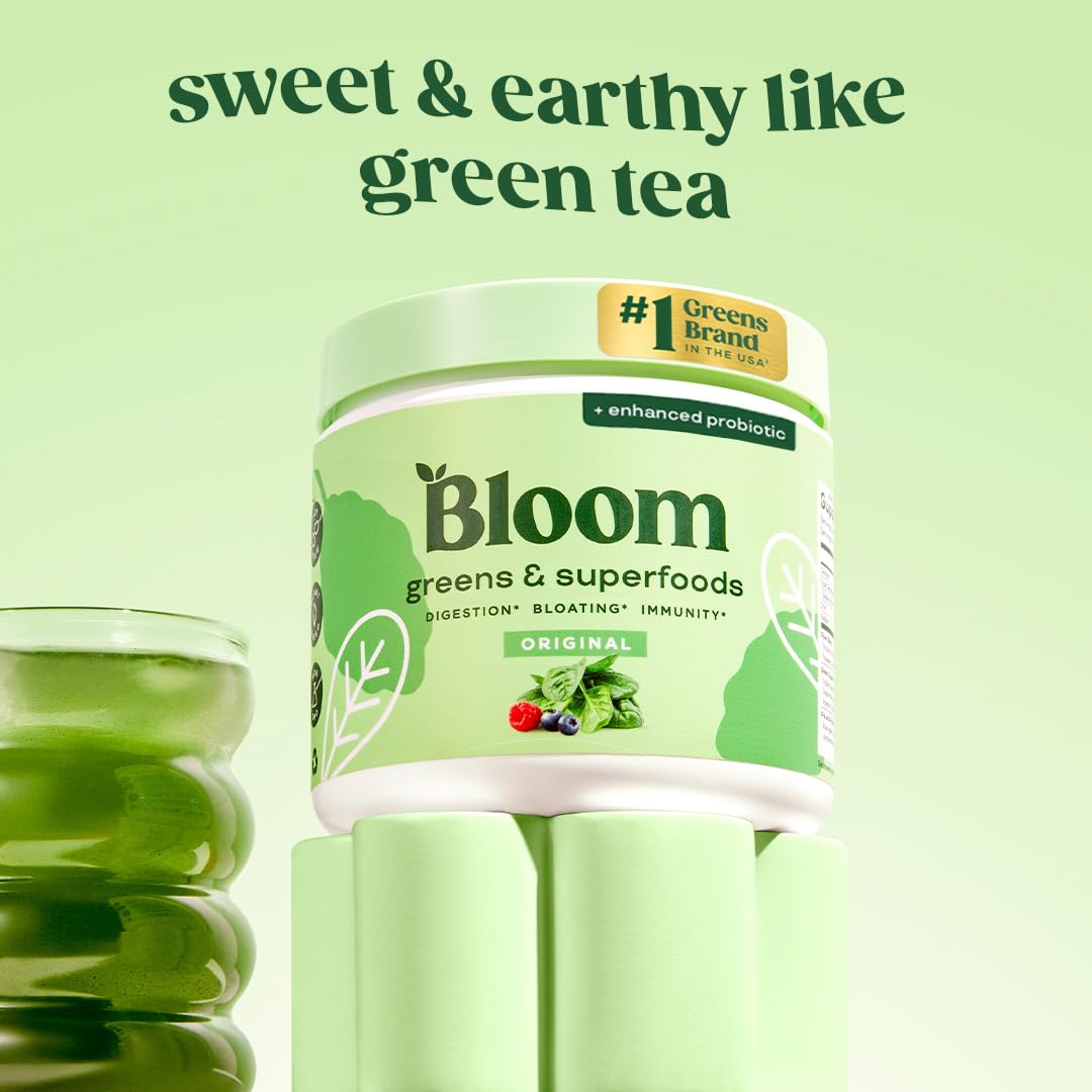 Textura del polvo Bloom Nutrition mostrando color verde y calidad