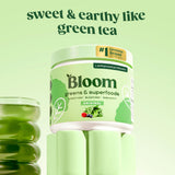 Textura del polvo Bloom Nutrition mostrando color verde y calidad