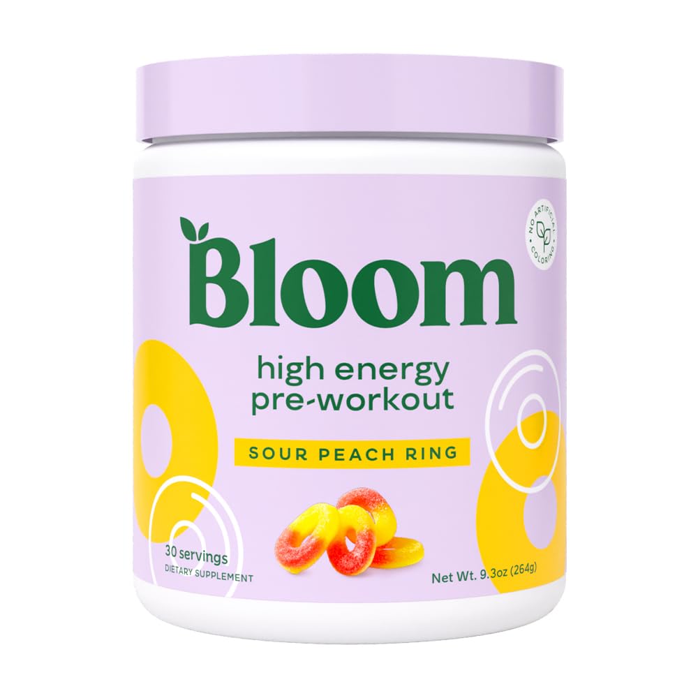 Bloom Nutrition envase frontal sabor Sour Peach Ring, energía sin azúcar