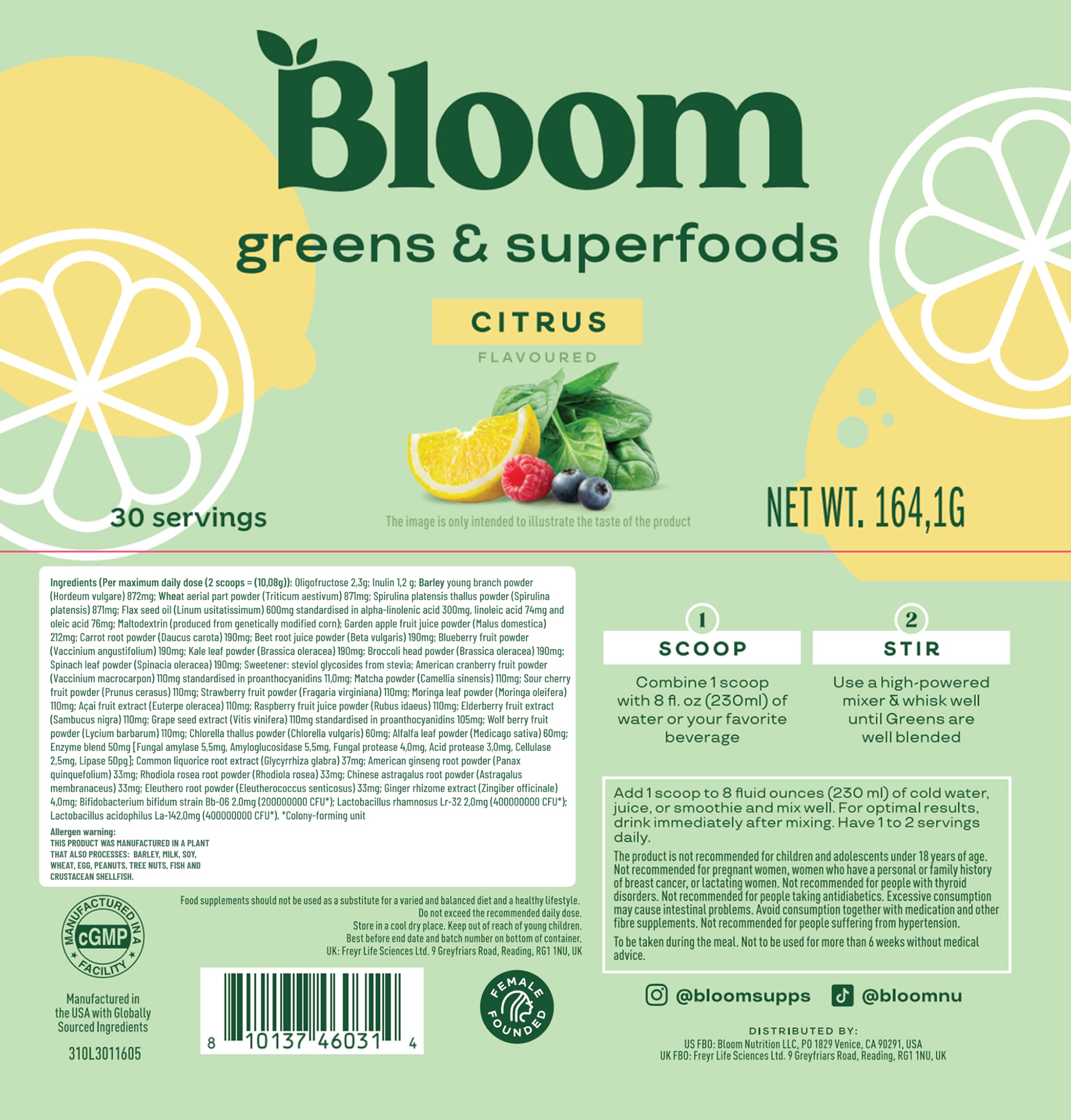 Bloom Nutrition ingredientes orgánicos como chlorella y remolacha juntos