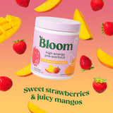 Bloom Nutrition textura del polvo en primer plano que muestra solubilidad y mezcla fácil