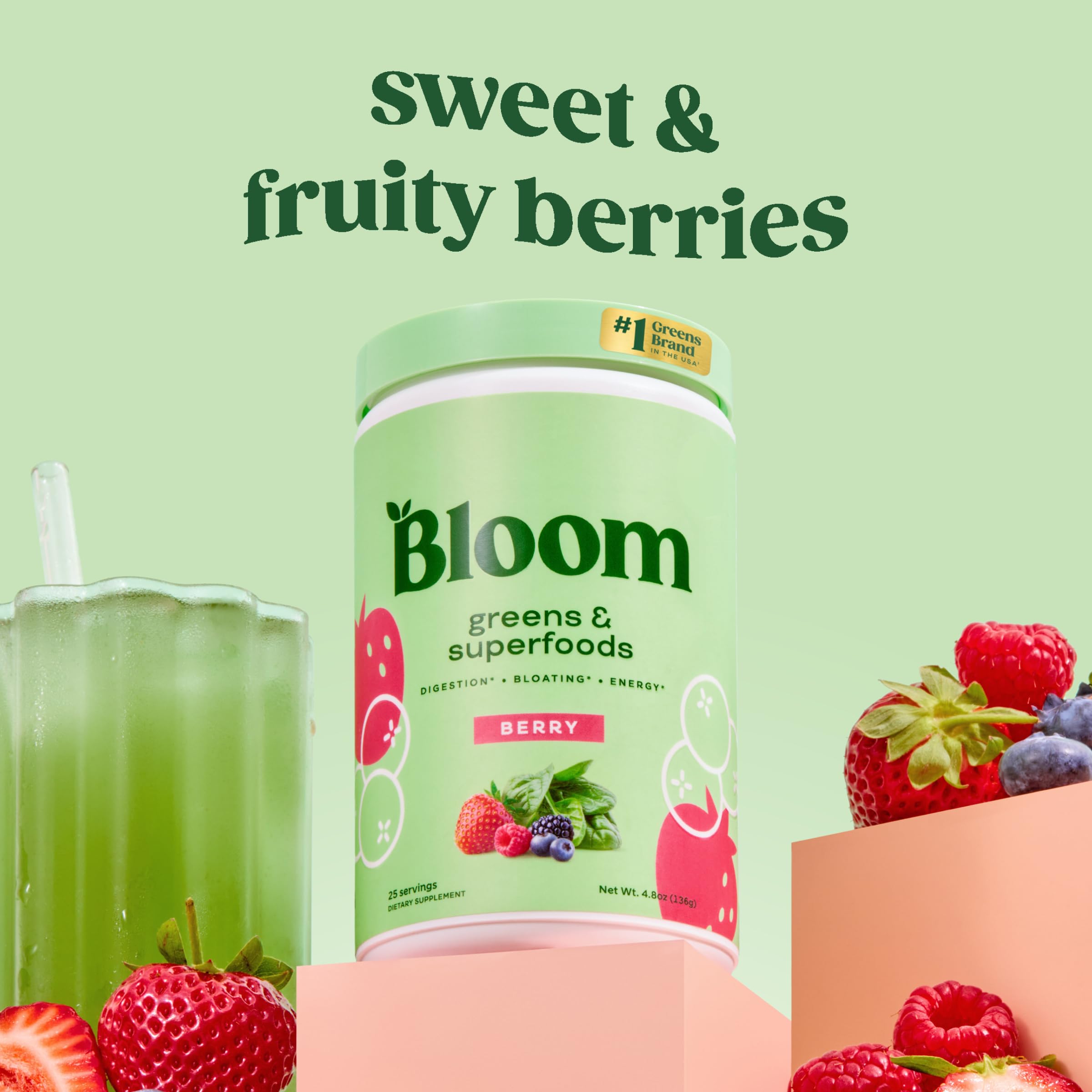 Bloom Nutrition polvo detalle de textura para mezclar fácilmente y sabor berry
