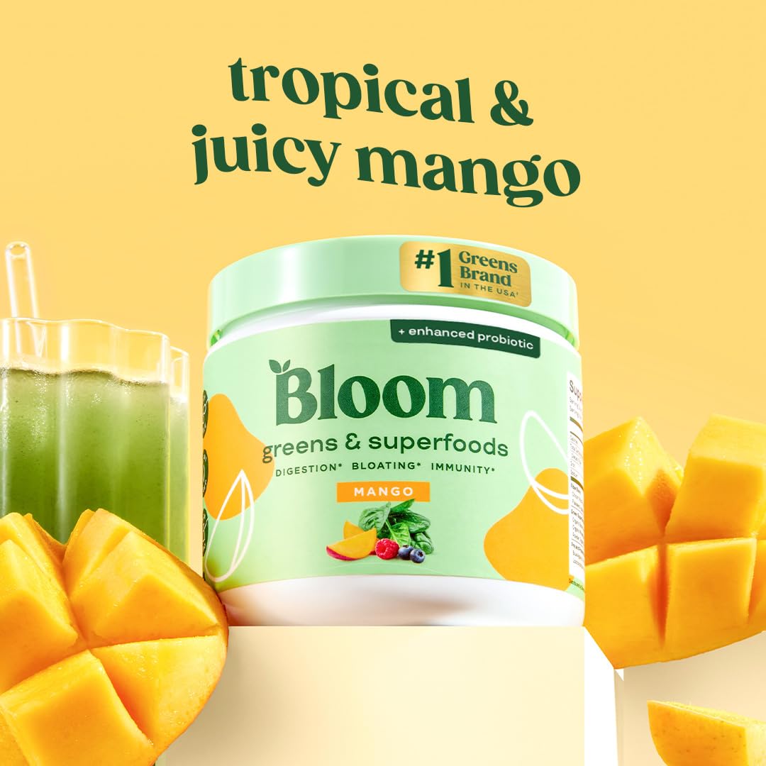 Bloom Nutrition textura del polvo verde cercana que destaca ingredientes naturales