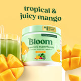 Bloom Nutrition textura del polvo verde cercana que destaca ingredientes naturales