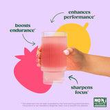 Bloom Nutrition vaso con bebida preparada antes de entrenar, energía sin azúcares añadidos
