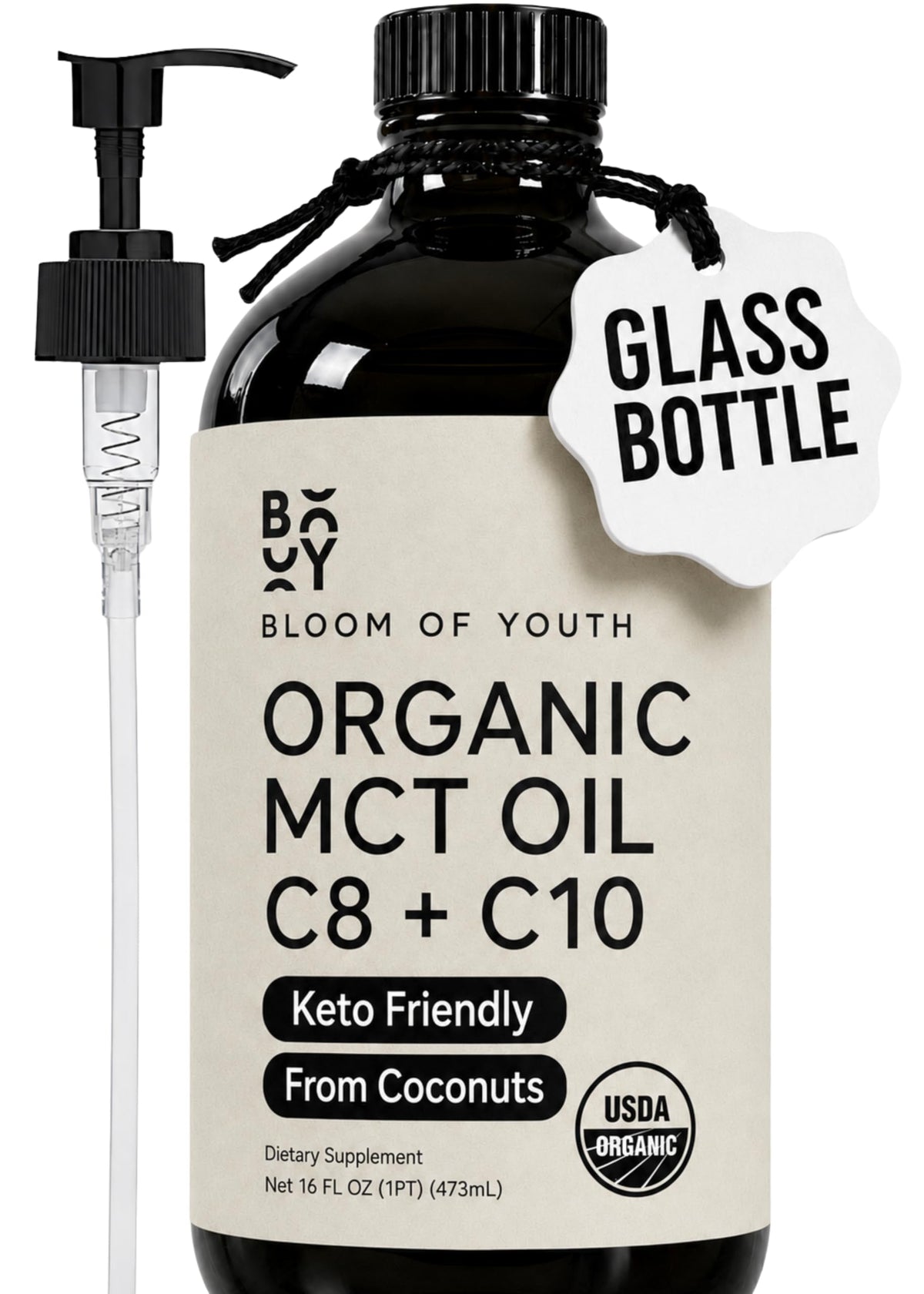 Bloom of Youth botella frontal 16 oz mostrando etiqueta orgánica y vidrio protector