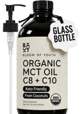 Bloom of Youth botella frontal 16 oz mostrando etiqueta orgánica y vidrio protector