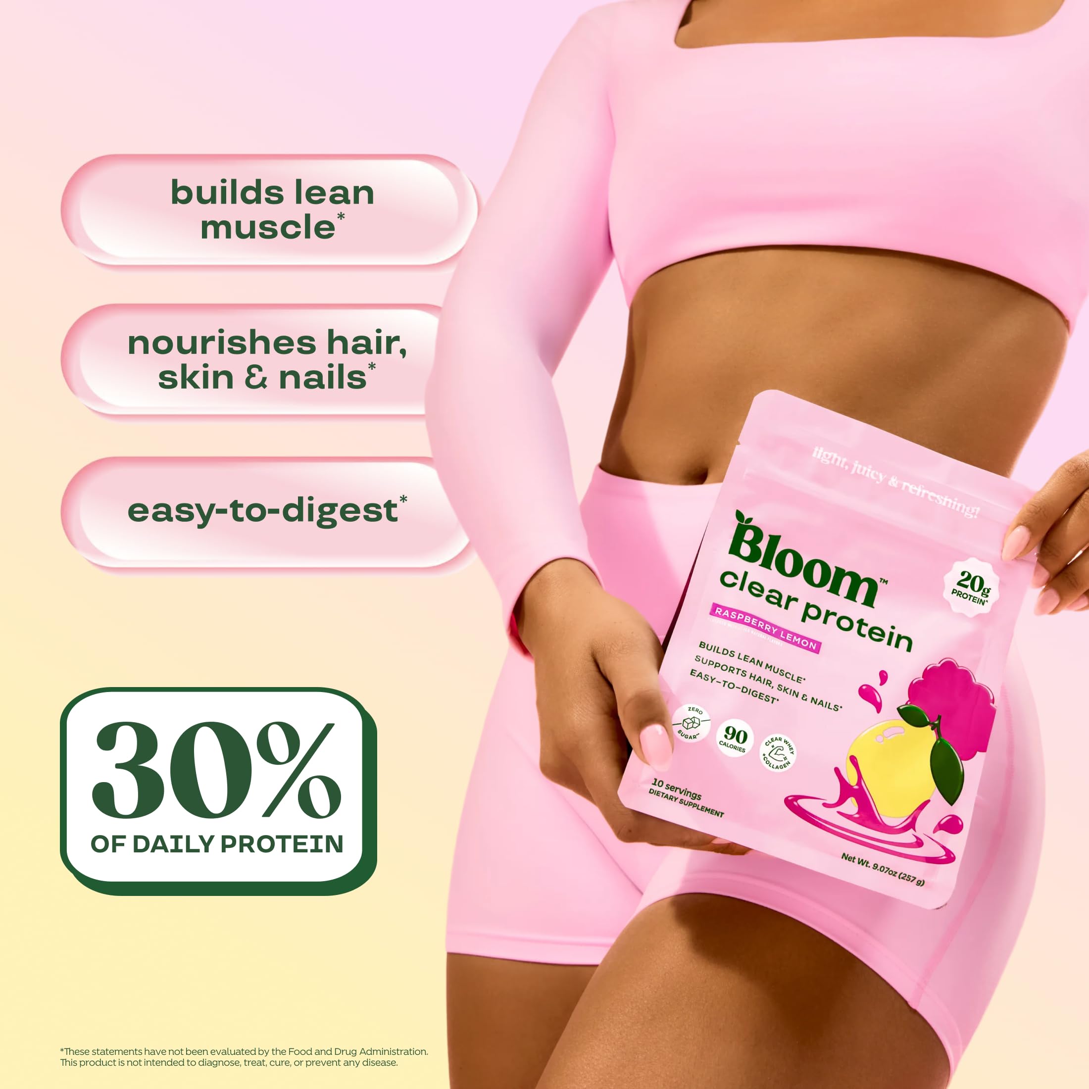 Bloom Nutrition vaso con bebida clara frambuesa-limón lista para beber, refrescante y ligera