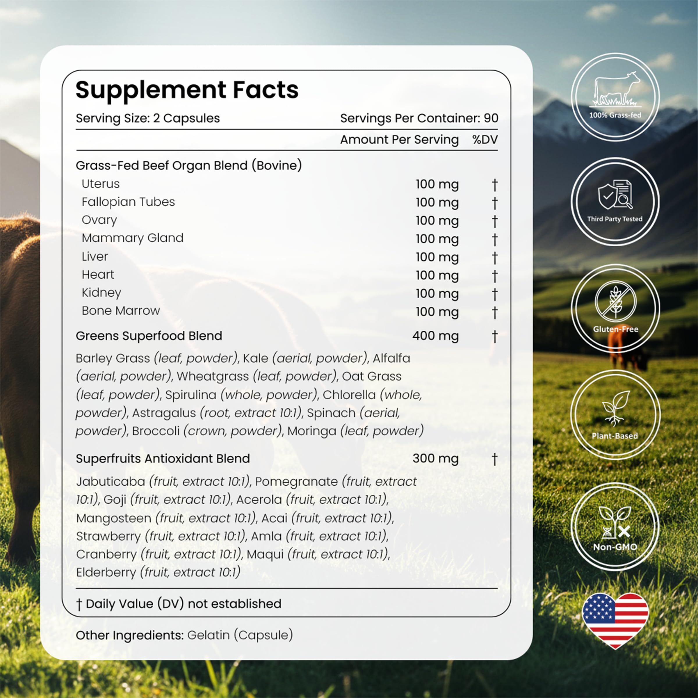 Bloomeo packaging sobre pasto indicando origen grass-fed y calidad limpia