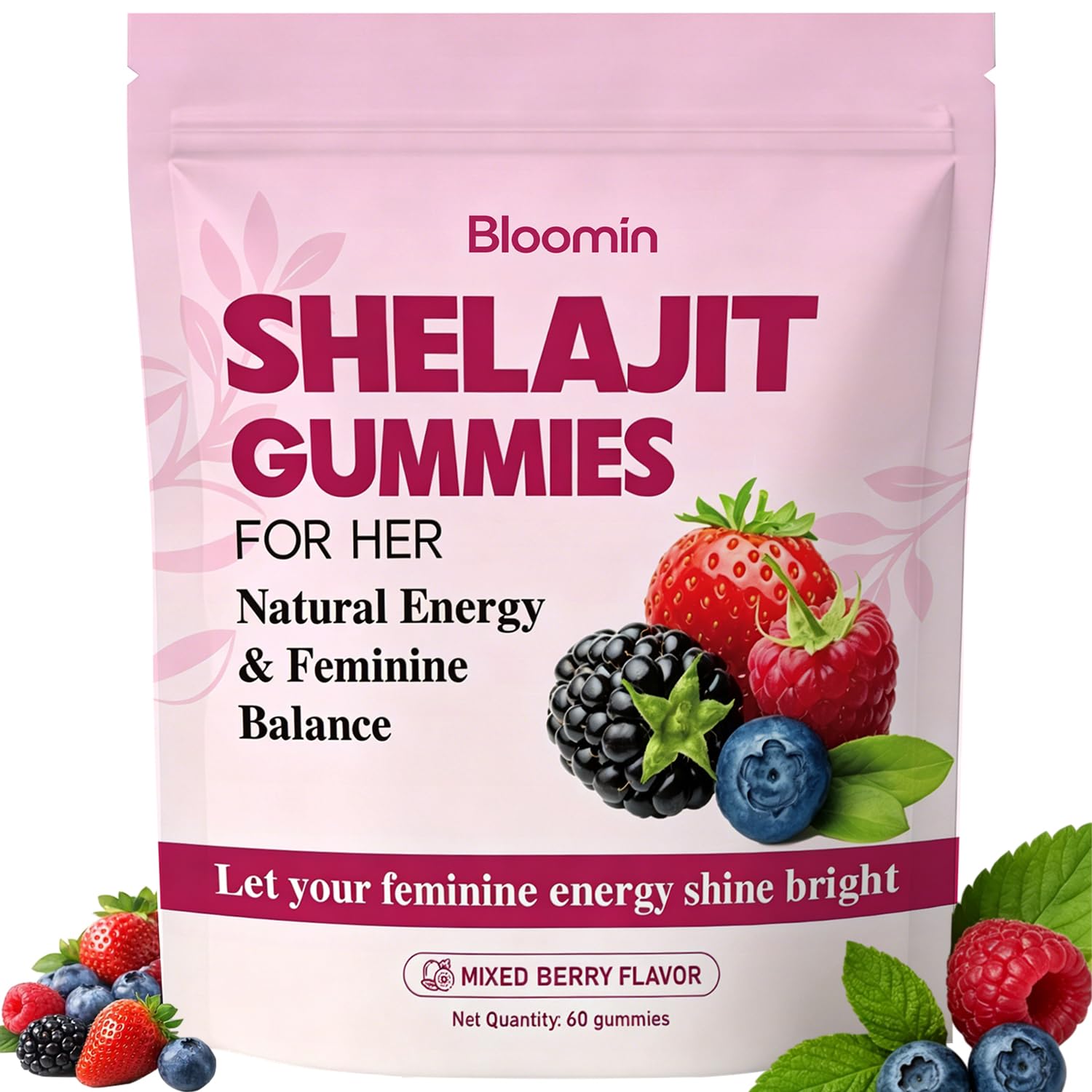 Bloomin Gummies envase frontal mostrando 60 gomitas y beneficio de energía diaria
