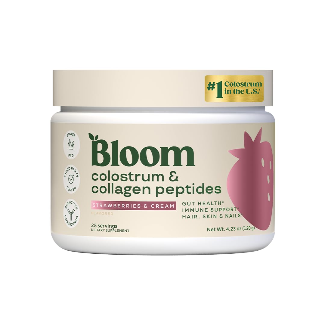 Bloom Nutrition envase frontal fresa mostrando diseño y porciones