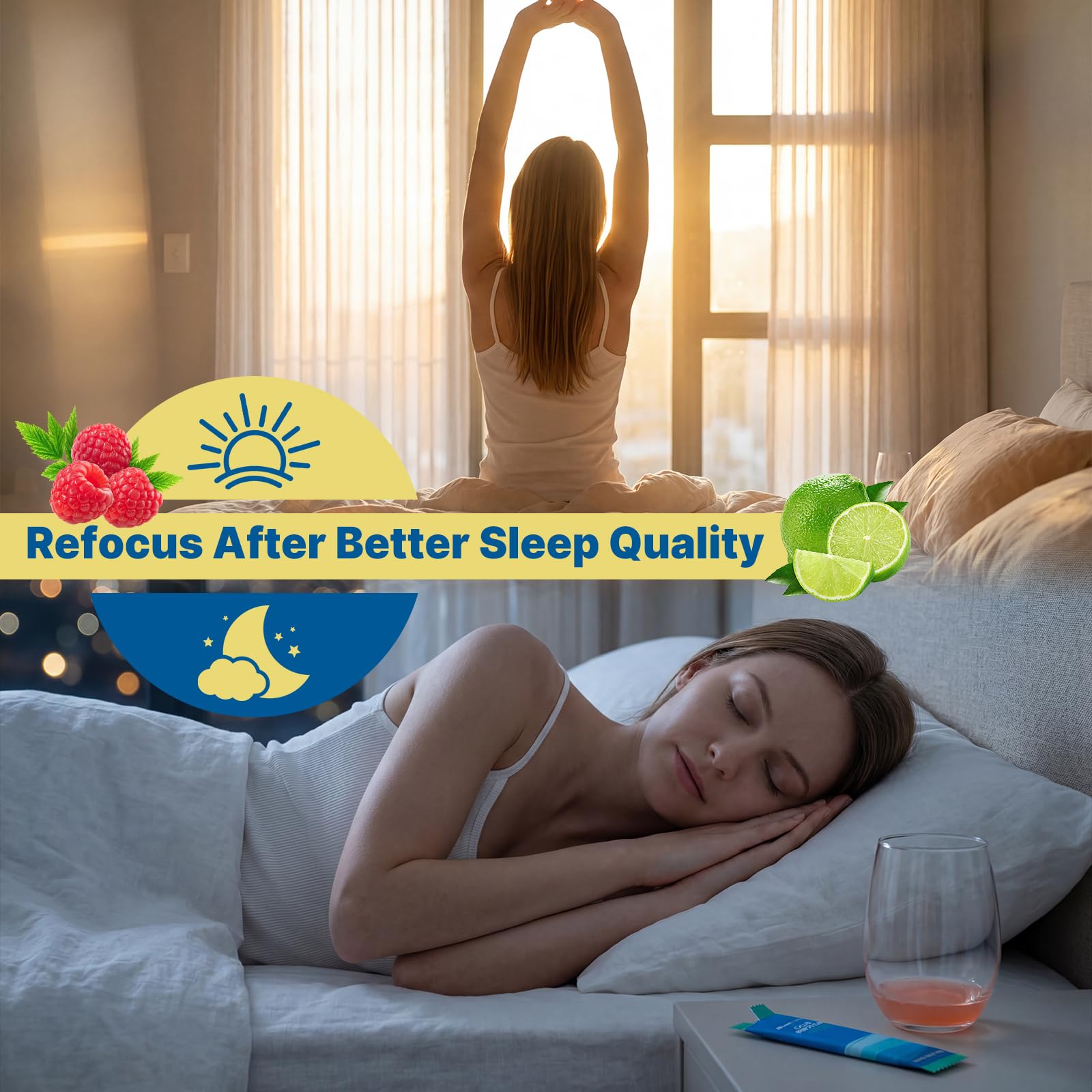 Persona bebiendo BloomRenew antes de dormir, ayuda a relajarse y preparar sueño