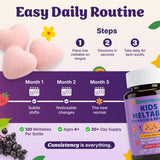 Bloomwise niño tomando suplemento en escritorio para rutina escolar diaria