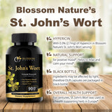 Blossom Nature etiqueta con detalle de 0,3% hipericina para dosificación precisa