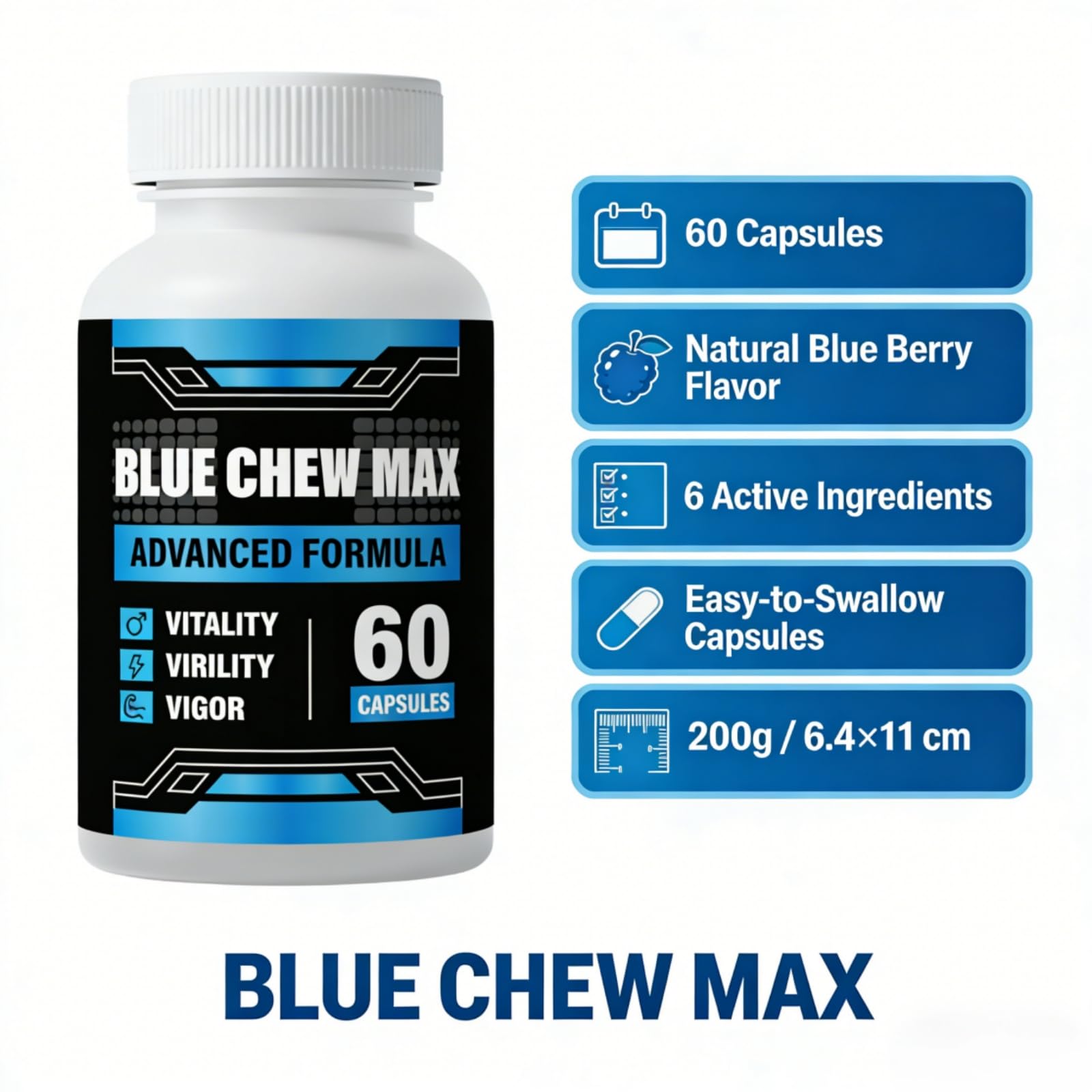 Blue Chew Max botella abierta con 60 cápsulas, suministro prolongado visible