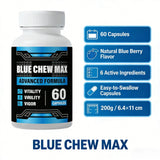 Blue Chew Max botella abierta con 60 cápsulas, suministro prolongado visible