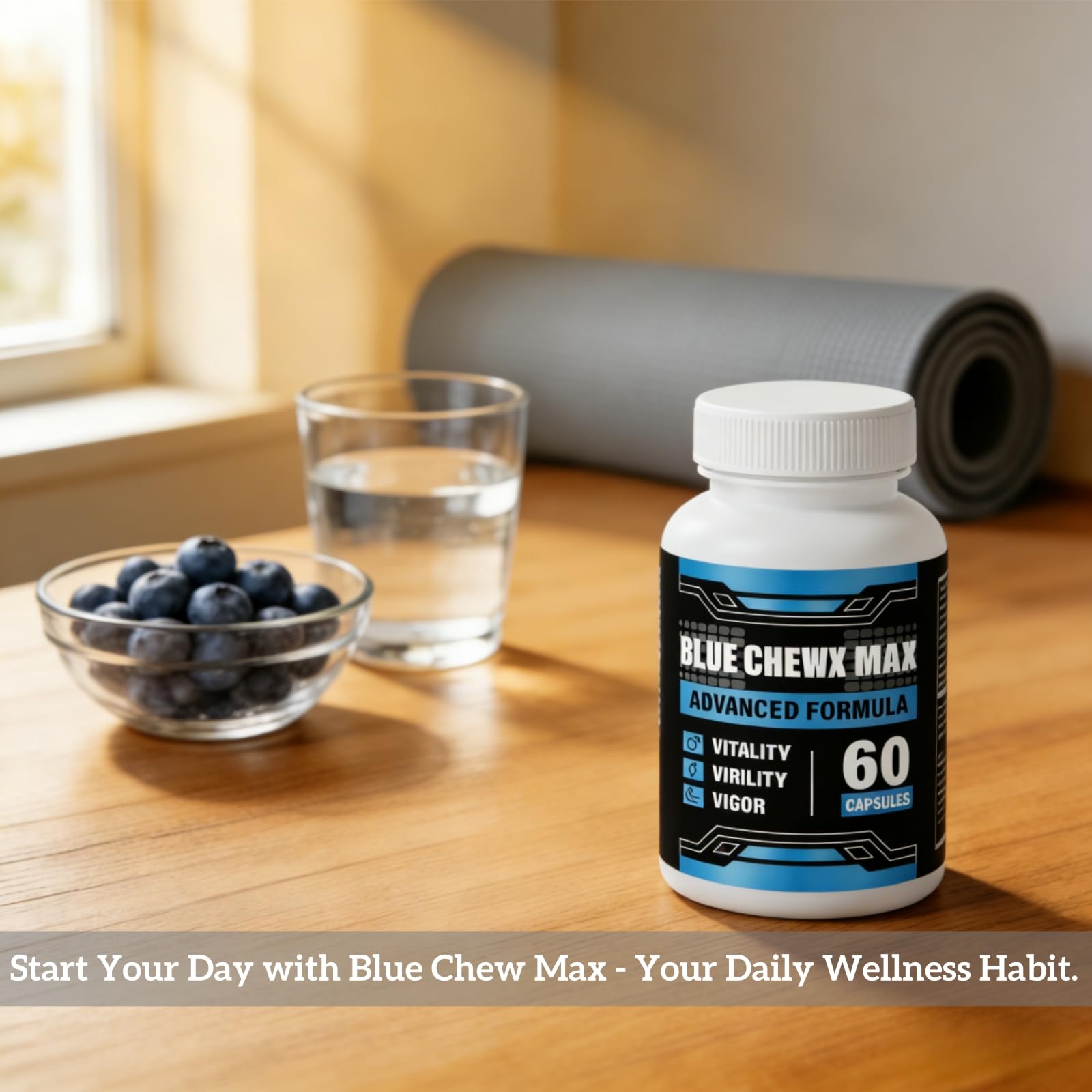 Blue Chew Max cápsula en mano mostrando tamaño práctico para tomar