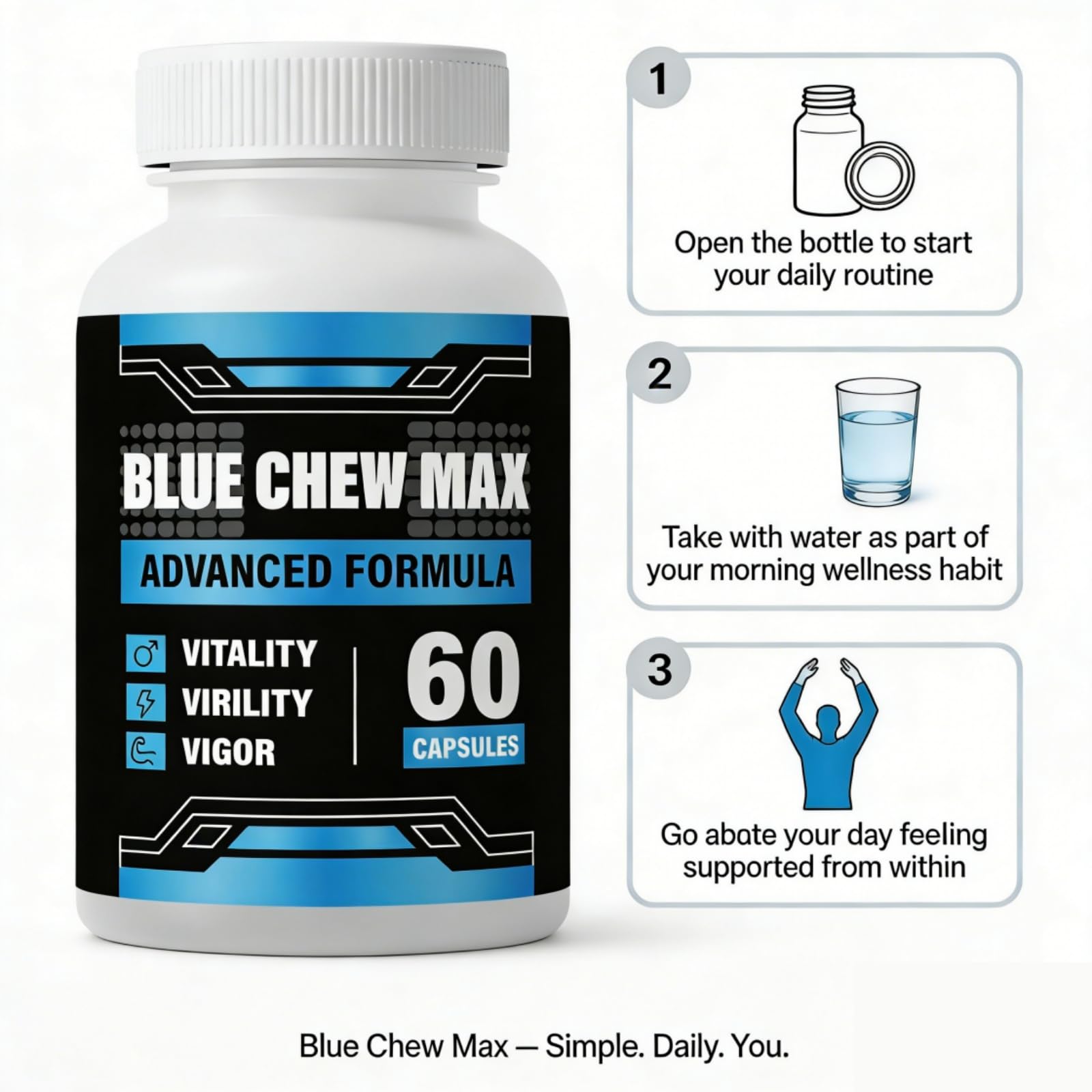 Blue Chew Max etiqueta informativa con ingredientes y precauciones claras