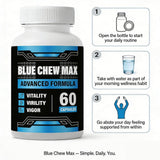 Blue Chew Max etiqueta informativa con ingredientes y precauciones claras