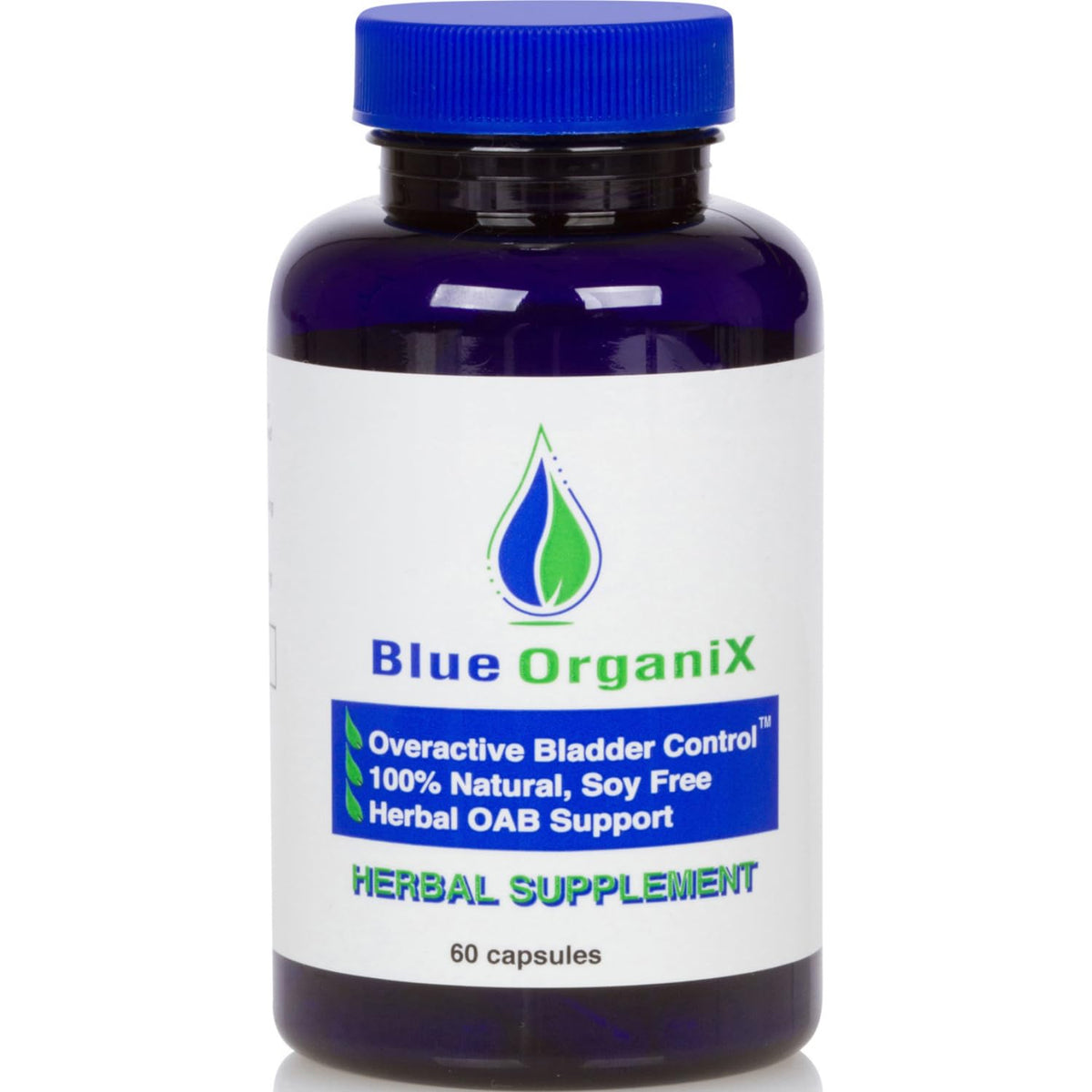 Blue Organix frasco frontal mostrando etiqueta y beneficio de control vesical