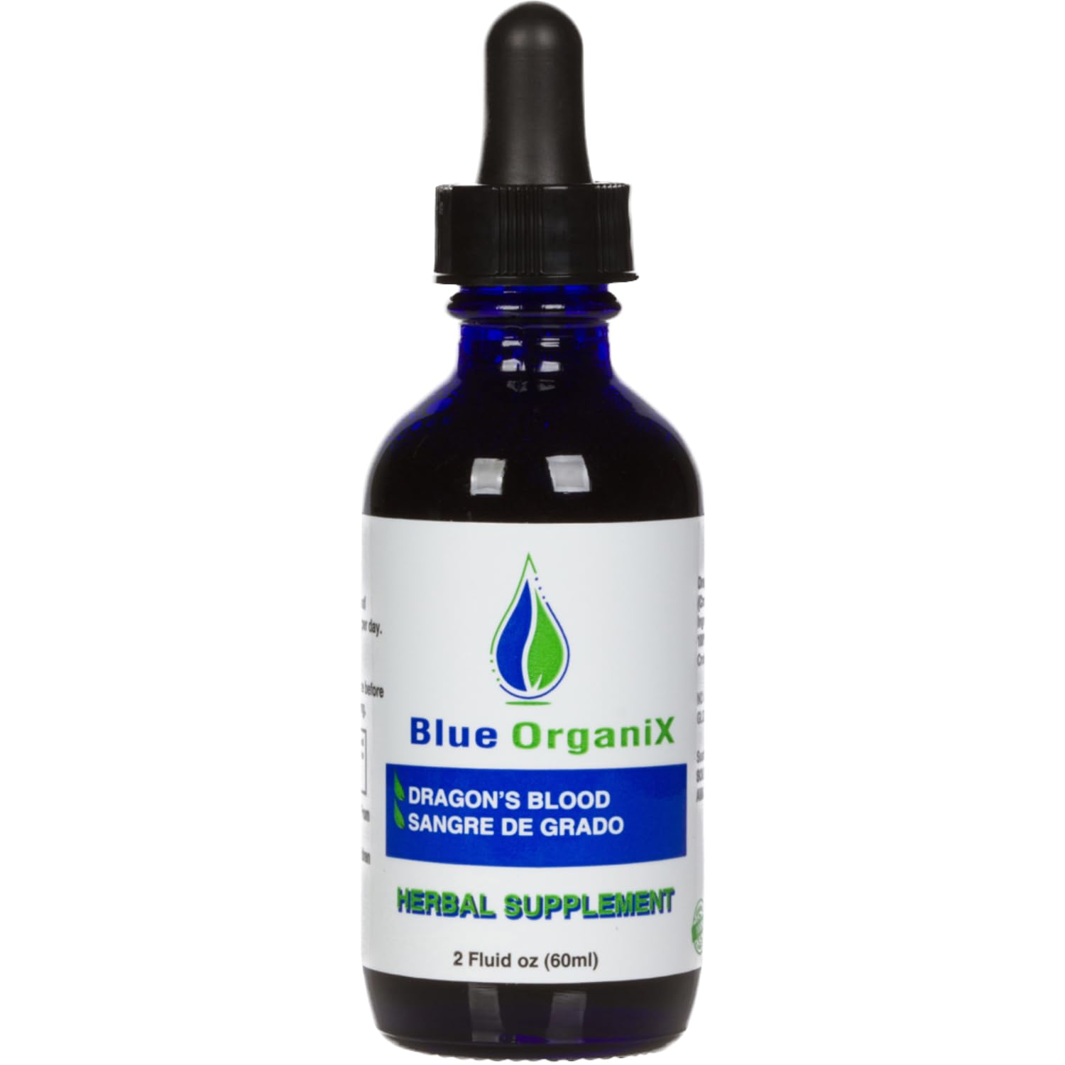 Blue Organix botella frontal mostrando etiqueta y beneficio de apoyo gingival