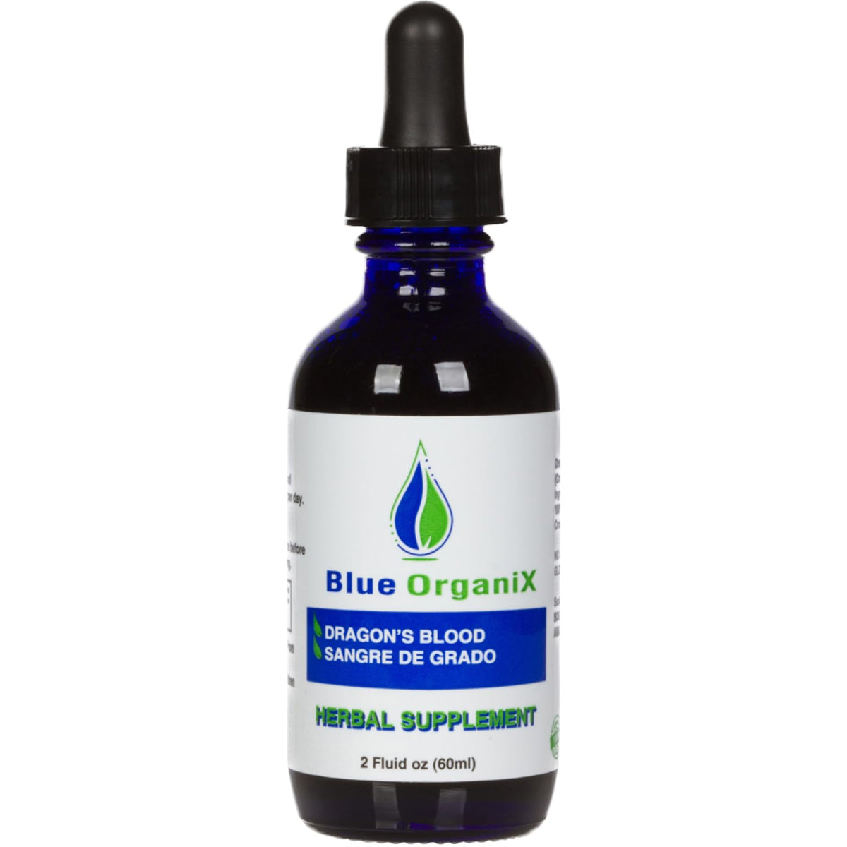 Blue Organix botella frontal mostrando etiqueta y beneficio de apoyo gingival