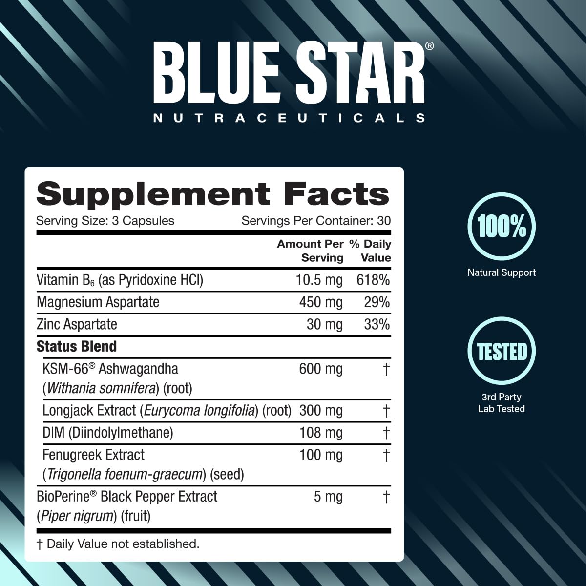 Blue Star Status etiqueta con lista de ingredientes y calidad verificada