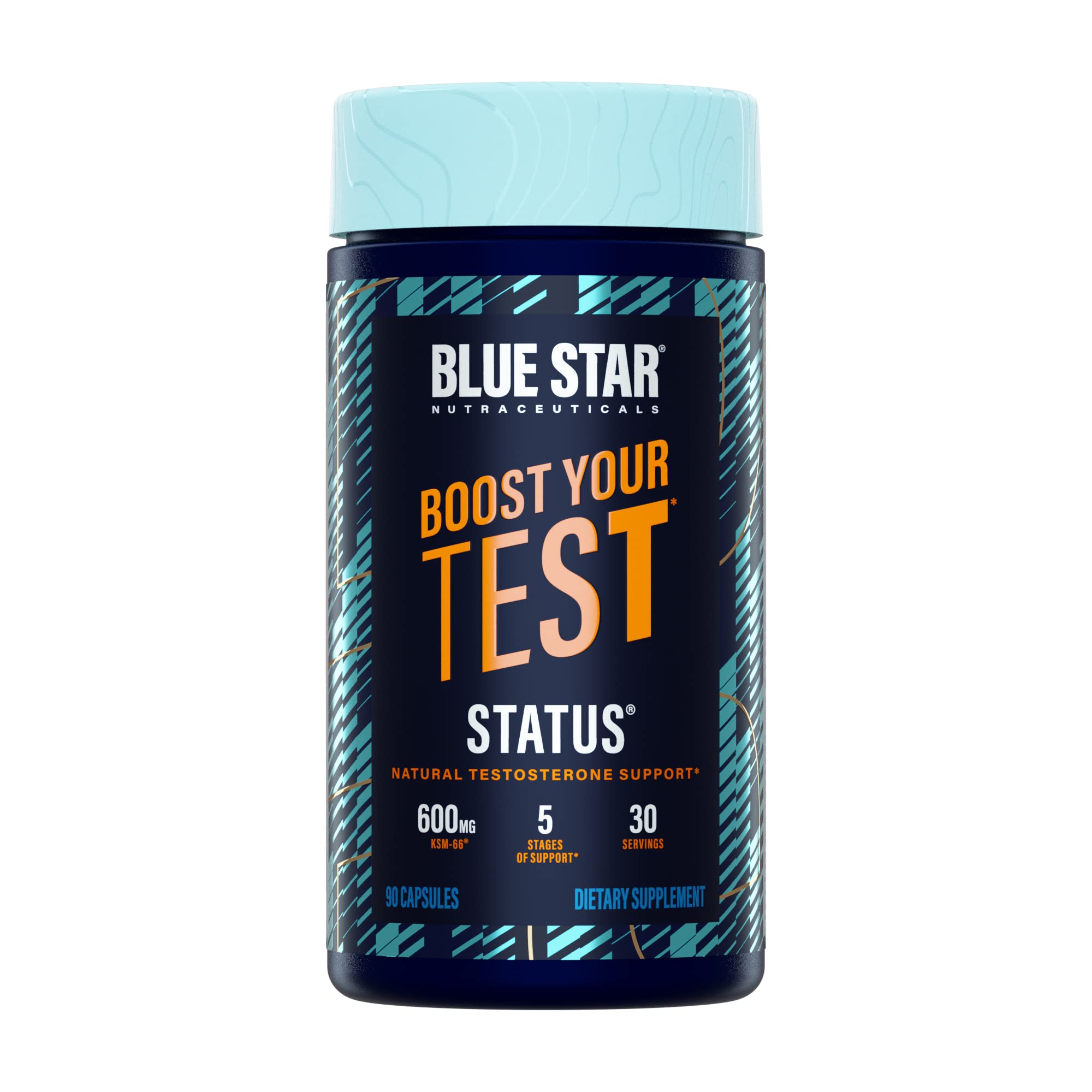 Blue Star Status vista frontal del envase que muestra suplemento y dosis