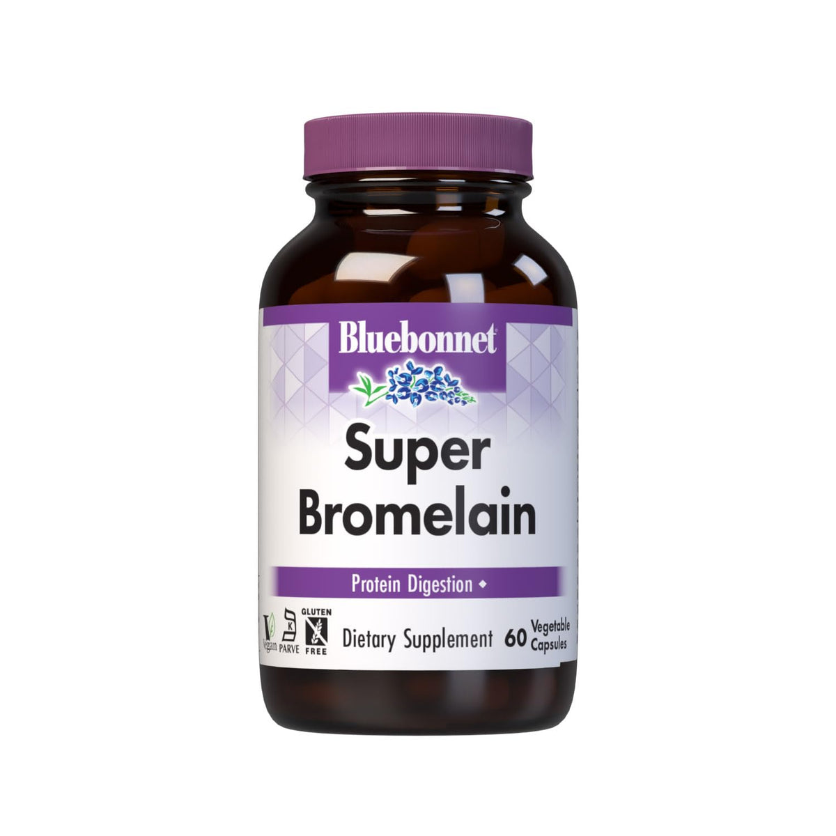 BlueBonnet frasco frontal de bromelaina 500 mg mostrando etiqueta y beneficios veganos