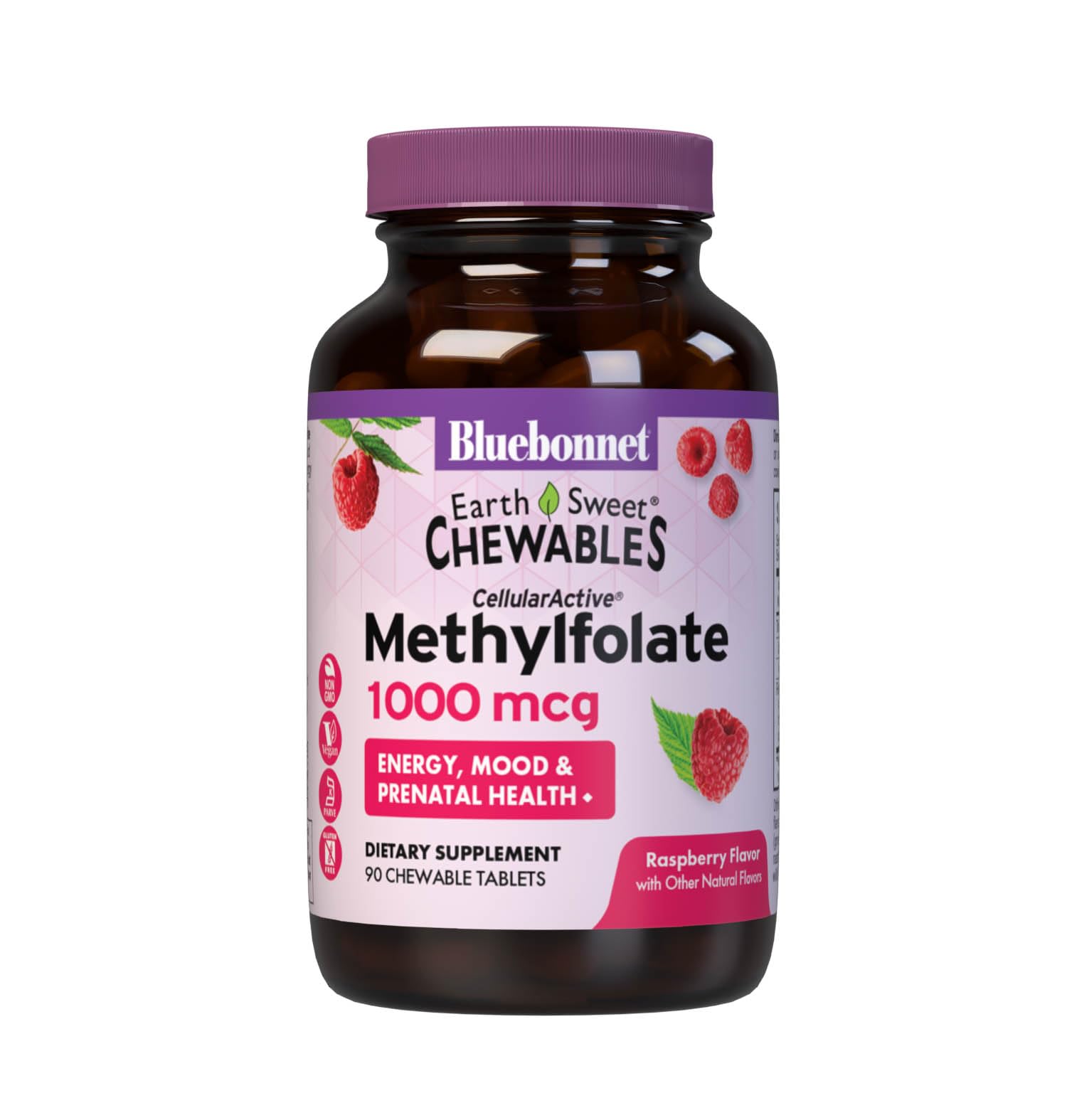 BlueBonnet envase frontal EarthSweet Methylfolate, presentación clara y beneficios