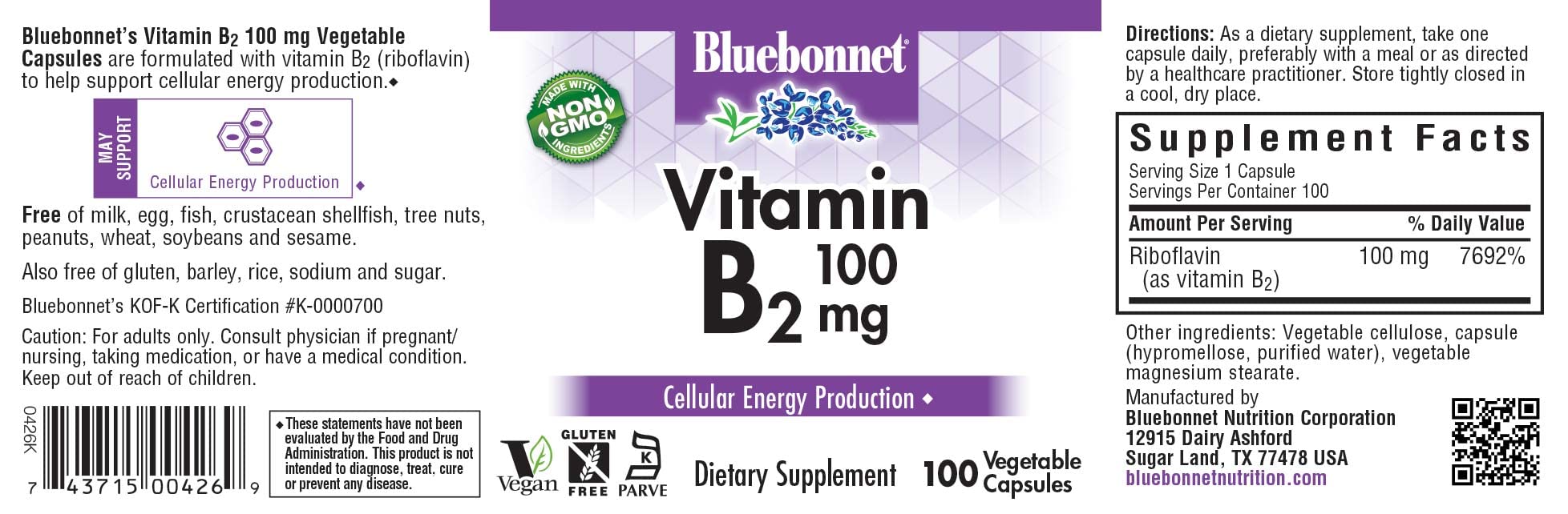 BlueBonnet etiqueta en primer plano que destaca riboflavina 100 mg y certificaciones