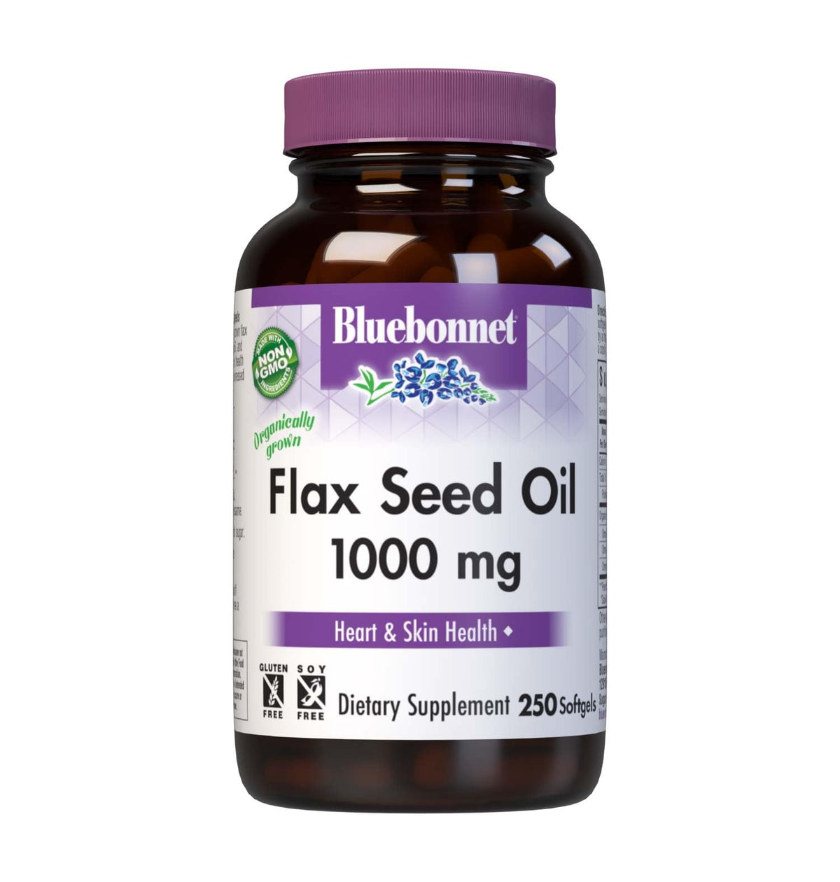 BlueBonnet frasco delante con softgels mostrando etiqueta y beneficios