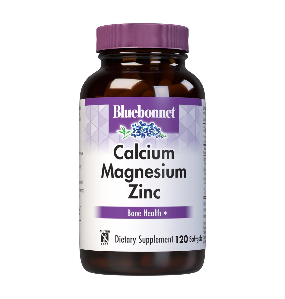 BlueBonnet frasco frente mostrando 120 softgels y beneficios claros
