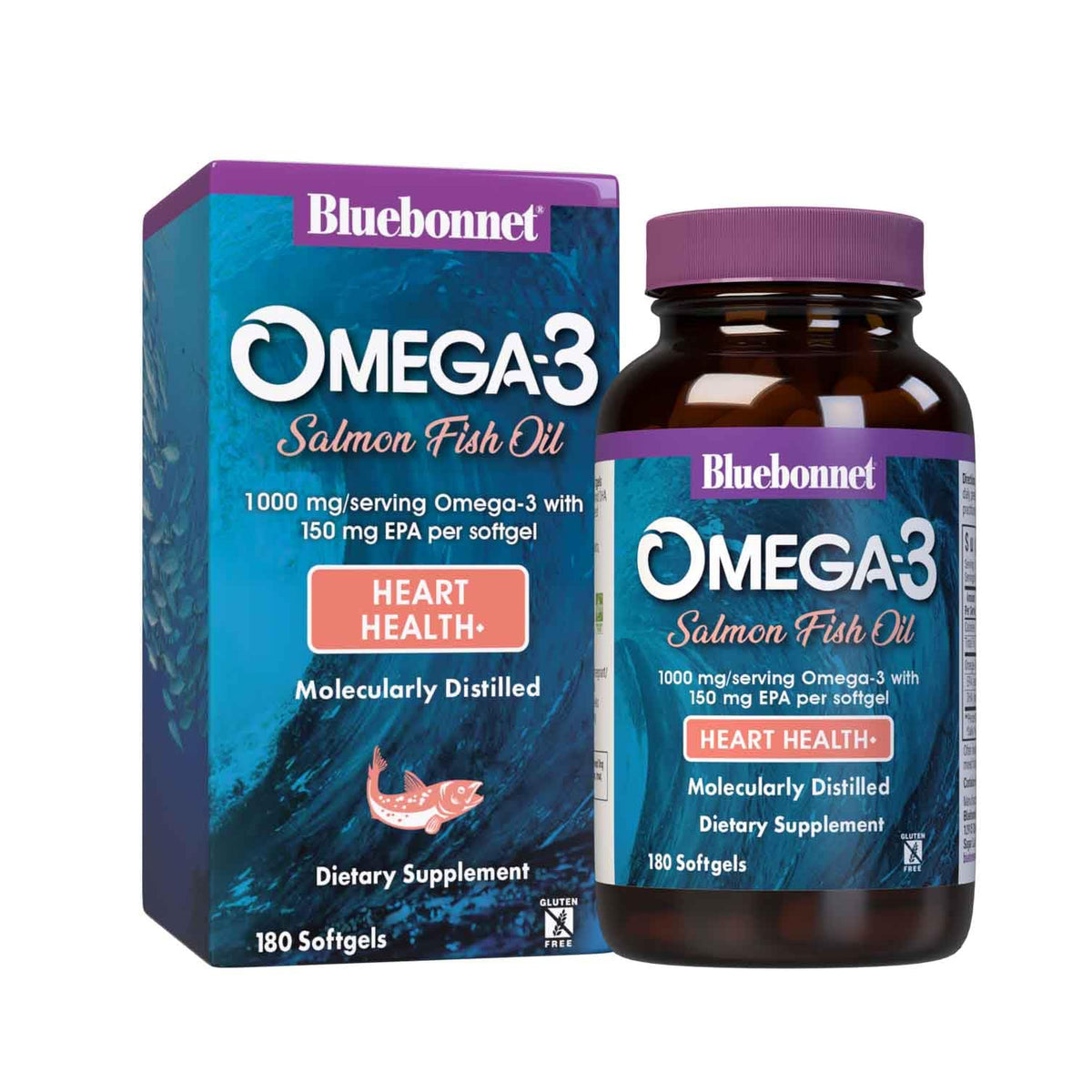 BlueBonnet frasco frontal con 180 softgels fomenta salud cardiovascular