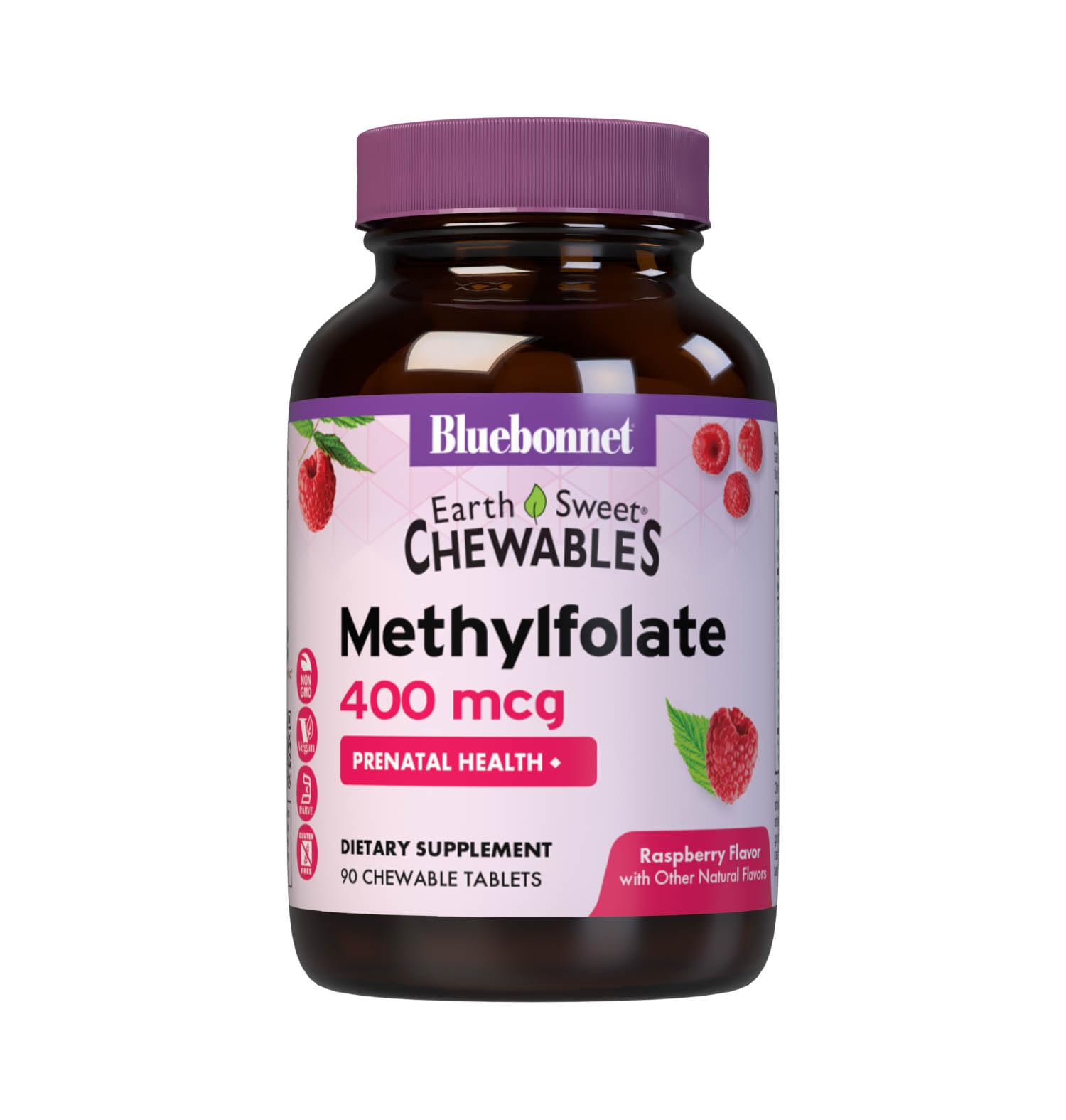 BlueBonnet frasco frontal EarthSweet Methylfolate muestra información visible y conveniencia