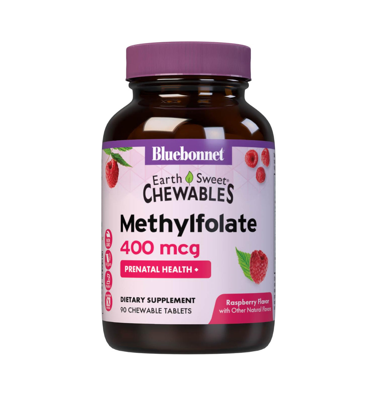 BlueBonnet frasco frontal EarthSweet Methylfolate muestra información visible y conveniencia