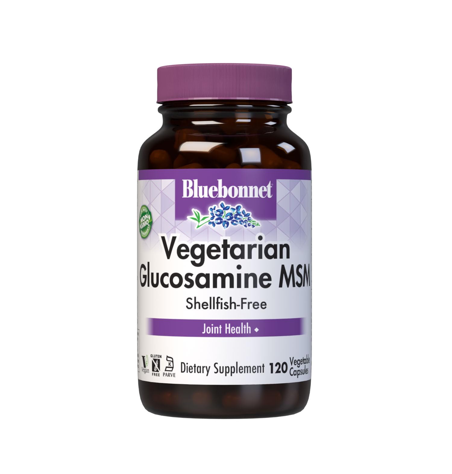 BlueBonnet frasco frontal de glucosamina vegetariana muestra envase claro y beneficios veganos