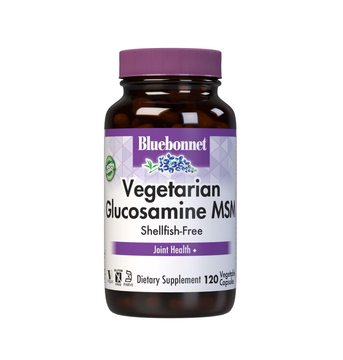 BlueBonnet frasco frontal de glucosamina vegetariana muestra envase claro y beneficios veganos
