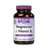 BlueBonnet frasco frontal del suplemento magnesio y B6 mostrando la marca y beneficio mineral