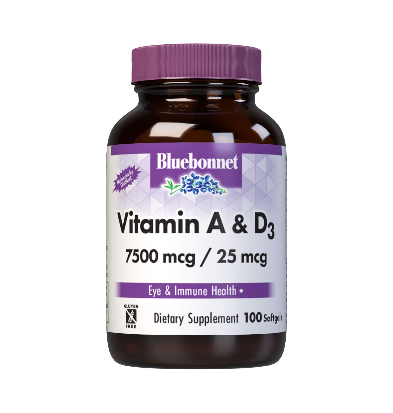 BlueBonnet frasco frontal mostrando 100 softgels y beneficios claros