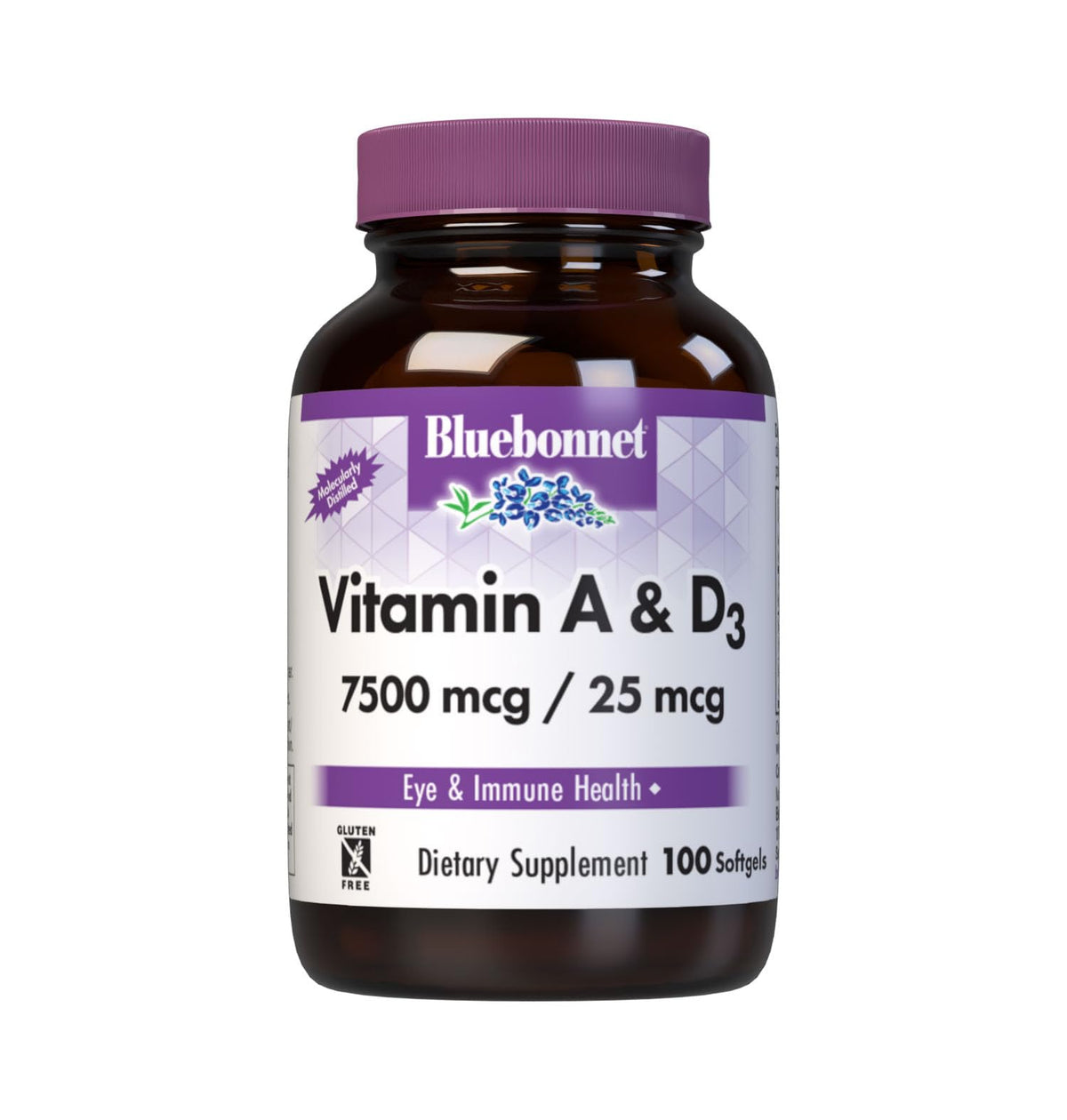 BlueBonnet frasco frontal mostrando 100 softgels y beneficios claros