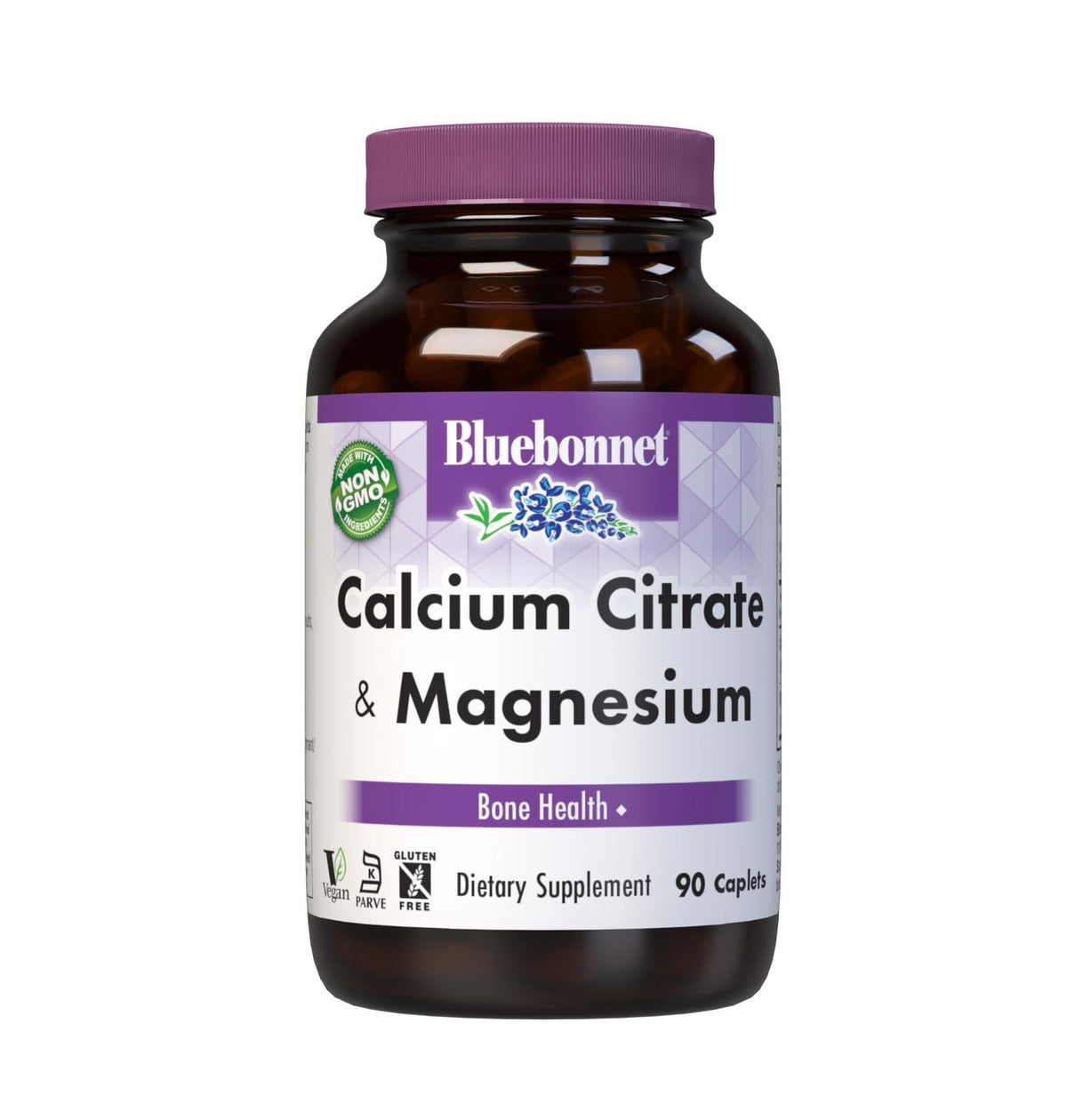 BlueBonnet frasco frontal de Calcium Citrate Plus Magnesium mostrando etiqueta clara y beneficios