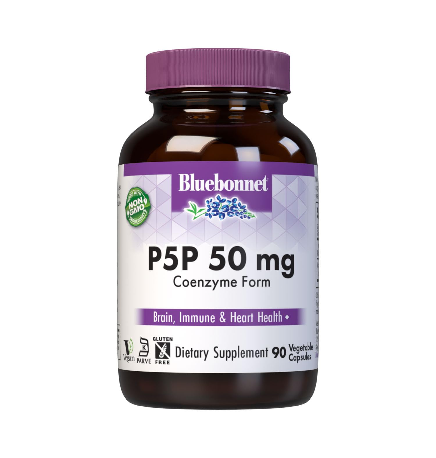 BlueBonnet frasco frontal mostrando etiqueta y cantidad 90 cápsulas, confianza de marca