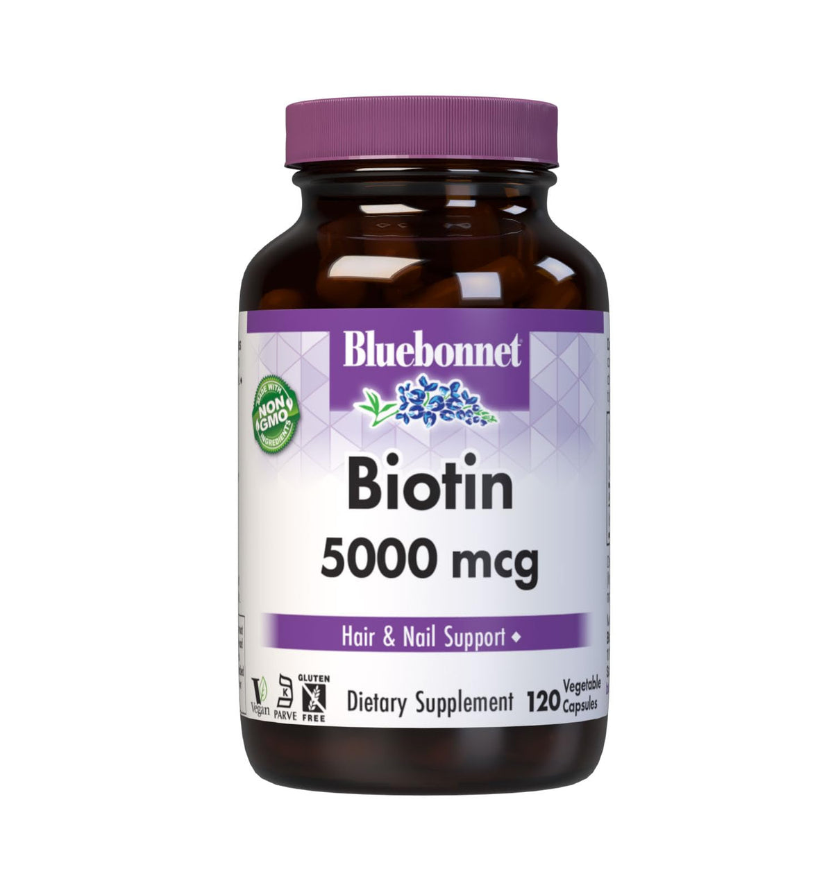 BlueBonnet envase frontal mostrando biotina 5000 mcg y beneficios claros