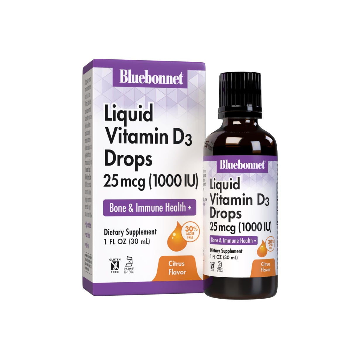 BlueBonnet frasco frontal en ámbar mostrando etiqueta y beneficio de vitamina D