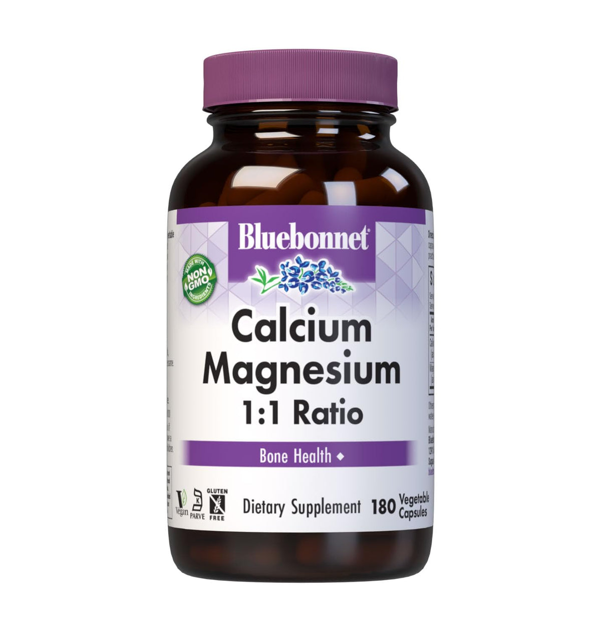 BlueBonnet envase frontal de calcio magnesio 250 mg con etiqueta clara y beneficios visibles