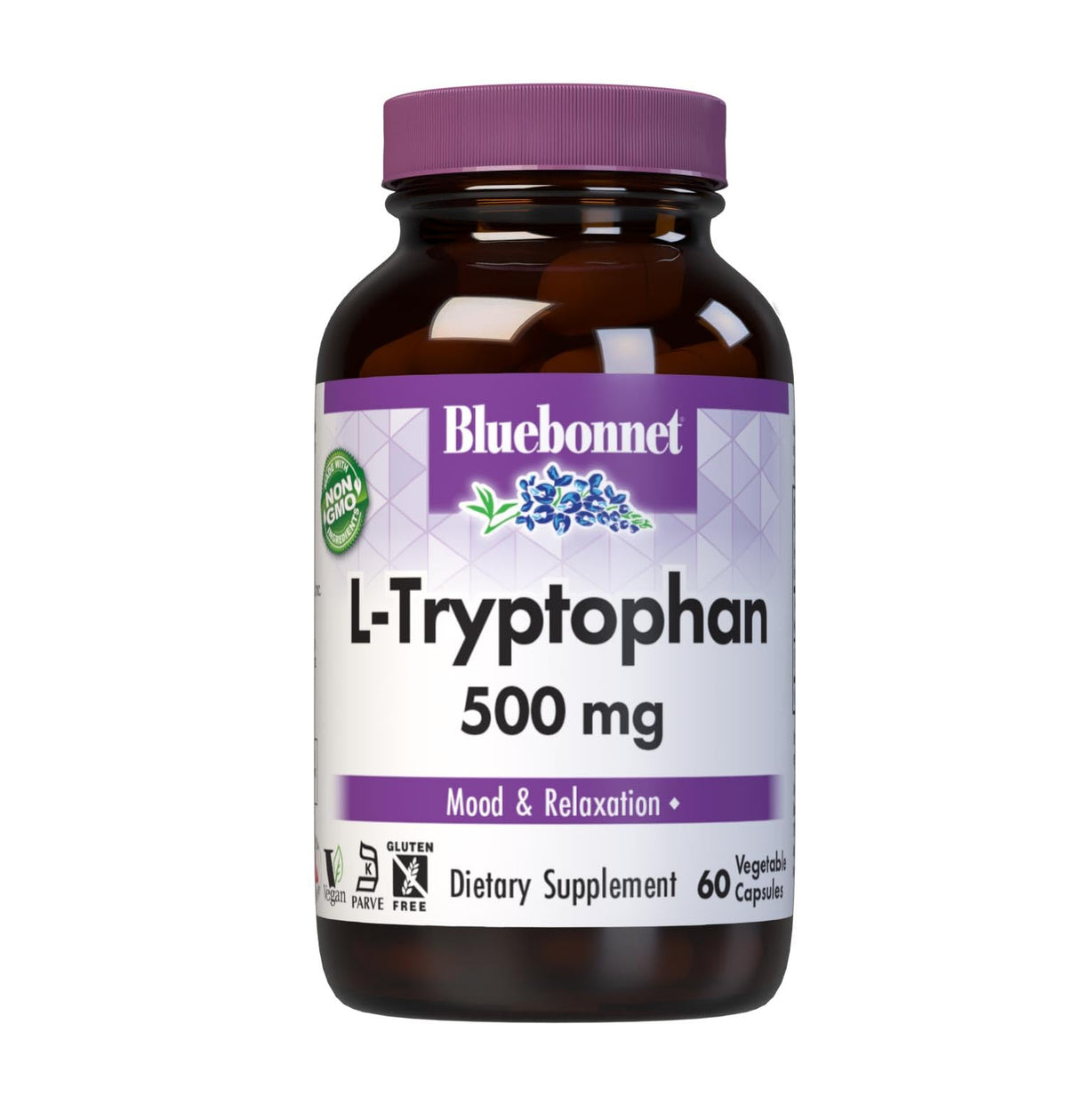 BlueBonnet envase frontal L-tryptophan 500 mg muestra etiqueta clara y beneficios