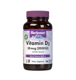 Bluebonnet envase frontal de Vitamin D3 2000 IU, información clara y beneficio óseo